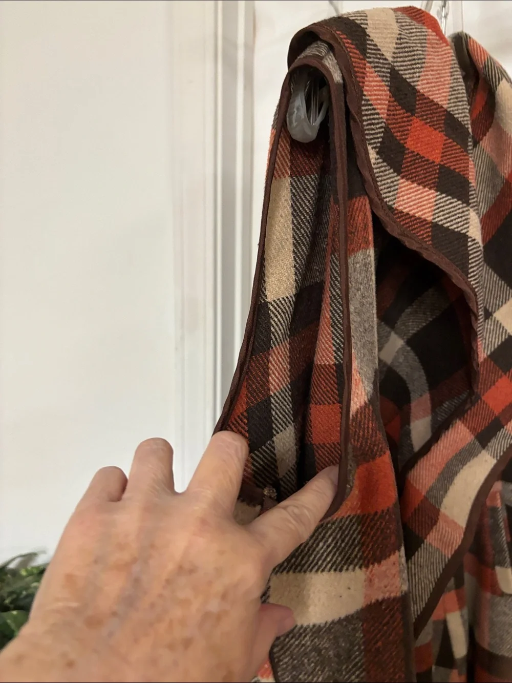 Plaid Hooded Sleeveless Vest in Brown, Orange & Cream,24” pit to pit
